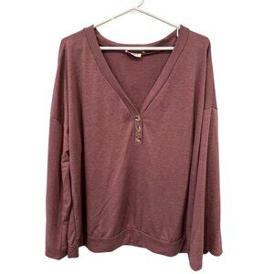 Andree By Unit Henley VNeck Long Sleeve Top Size 1X Burgundy Cozy Relaxed Lounge